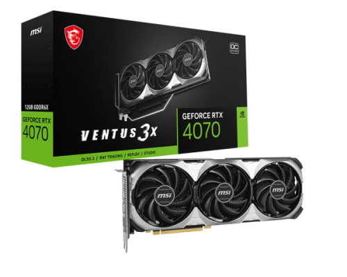 Видеокарта MSI GeForce RTX 4070 VENTUS 3X E OC [GeForce RTX 4070 VENTUS 3X E 12G OC] [PCIe 4.0 12 ГБ GDDR6X, 192 бит, 3 x DisplayPort, HDMI, GPU 1920 МГц]