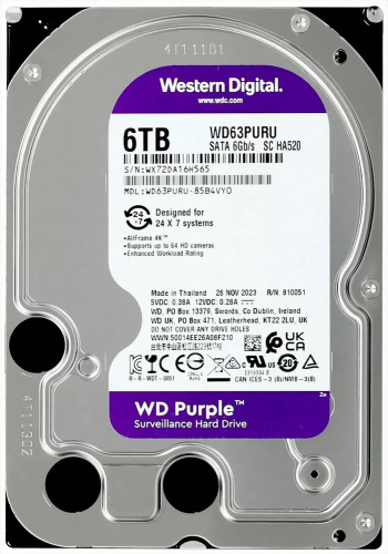 6 ТБ Жесткий диск WD Purple Surveillance [SATA III, 6 Гбит/с, 5400 об/мин, кэш память - 256 МБ, RAID Edition]