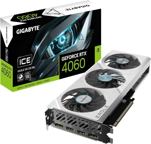 Видеокарта GIGABYTE GeForce RTX 4060 EAGLE OC ICE [PCI-E 4.0 8 ГБ GDDR6, 128 бит, 2 x DisplayPort, 2 x HDMI, GPU 1830 МГц]