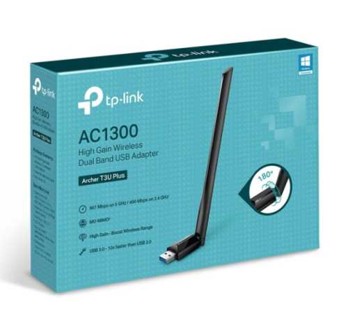 Wi-Fi адаптер TP-LINK Archer T3U Plus [USB, 4 (802.11n), 5 (802.11ac), 1267 Мбит/с, 5 ГГц, 2.4 ГГц, антенна - внешняя, передатчик - 20 dBm]